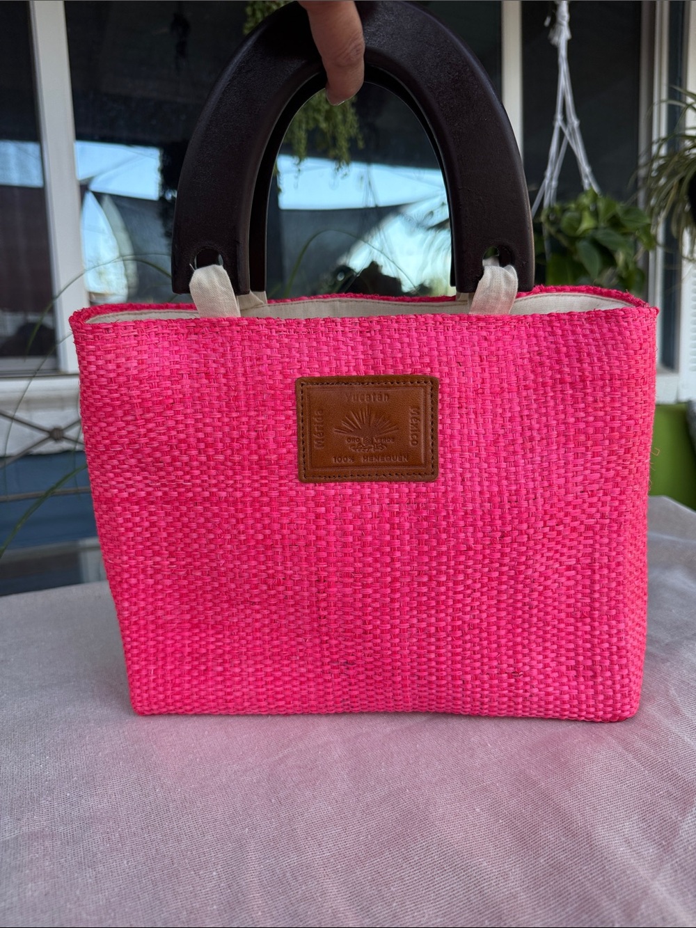 Beautiful Hot Pink Woven Tote with Dark Wood Handles. Made in Yucatán Mex .